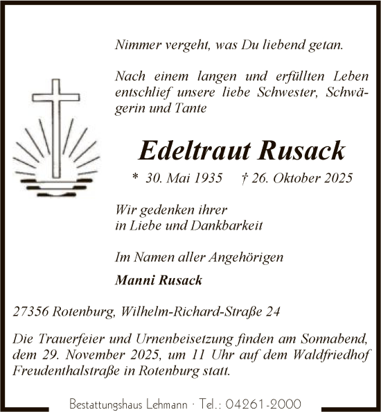 Traueranzeige von Edeltraut Rusack von SYKR