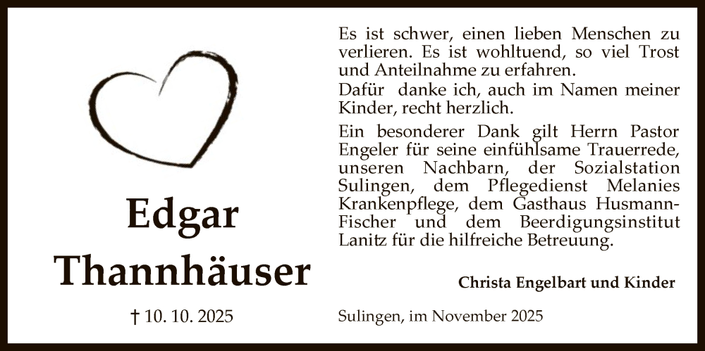 Traueranzeige für Edgar Thannhäuser vom 22.11.2025 aus SYKS