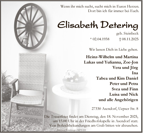 Traueranzeige von Elisabeth Detering von SYKS
