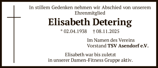 Traueranzeige von Elisabeth Detering von SYKS