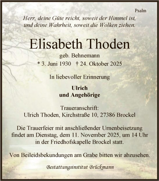 Traueranzeige von Elisabeth Thoden von SYKR