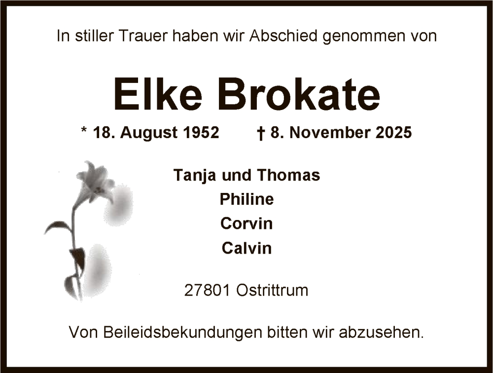  Traueranzeige für Elke Brokate vom 29.11.2025 aus SYKSSYWZ