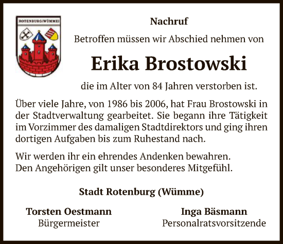 Traueranzeige von Erika Brostowski von SYKR
