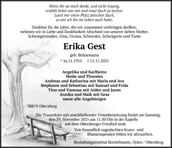 Traueranzeige von Erika Gest von SYKS