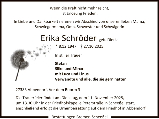 Traueranzeige von Erika Schröder von SYKR