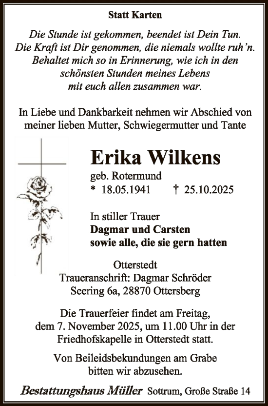 Traueranzeige von Erika Wilkens von SYKS