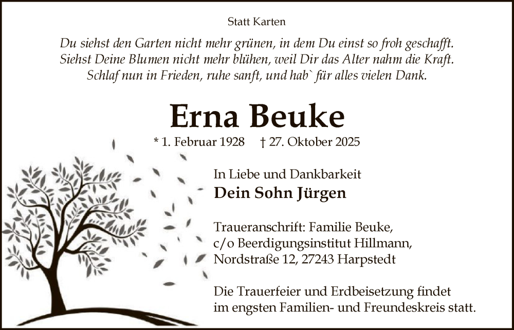  Traueranzeige für Erna Beuke vom 01.11.2025 aus SYKSSYWZ