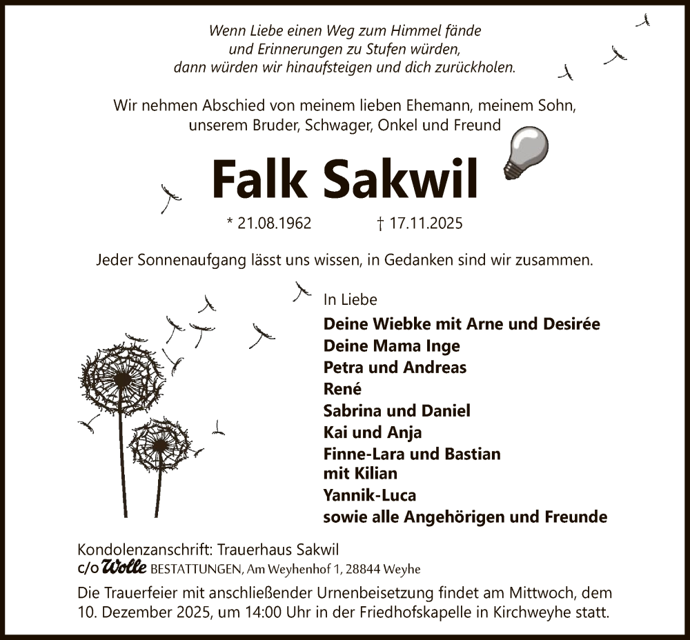  Traueranzeige für Falk Sakwil vom 29.11.2025 aus SYKS