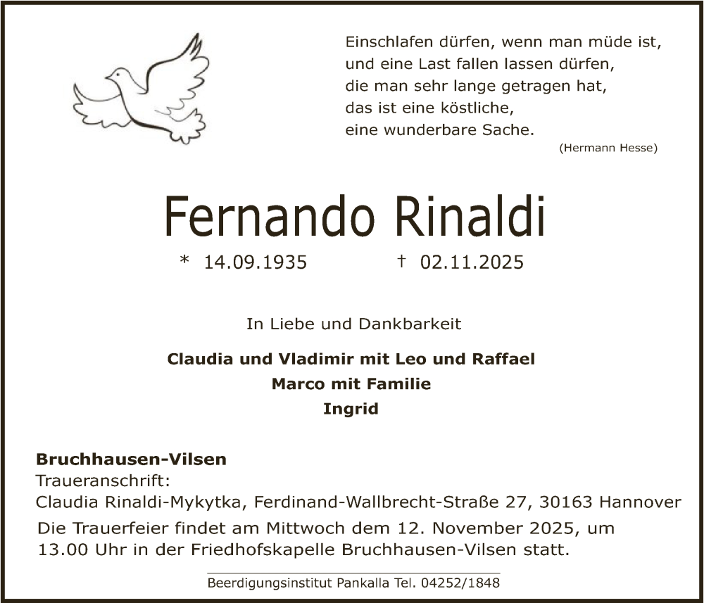  Traueranzeige für Fernando Rinaldi vom 05.11.2025 aus SYKS