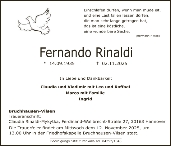Traueranzeige von Fernando Rinaldi von SYKS