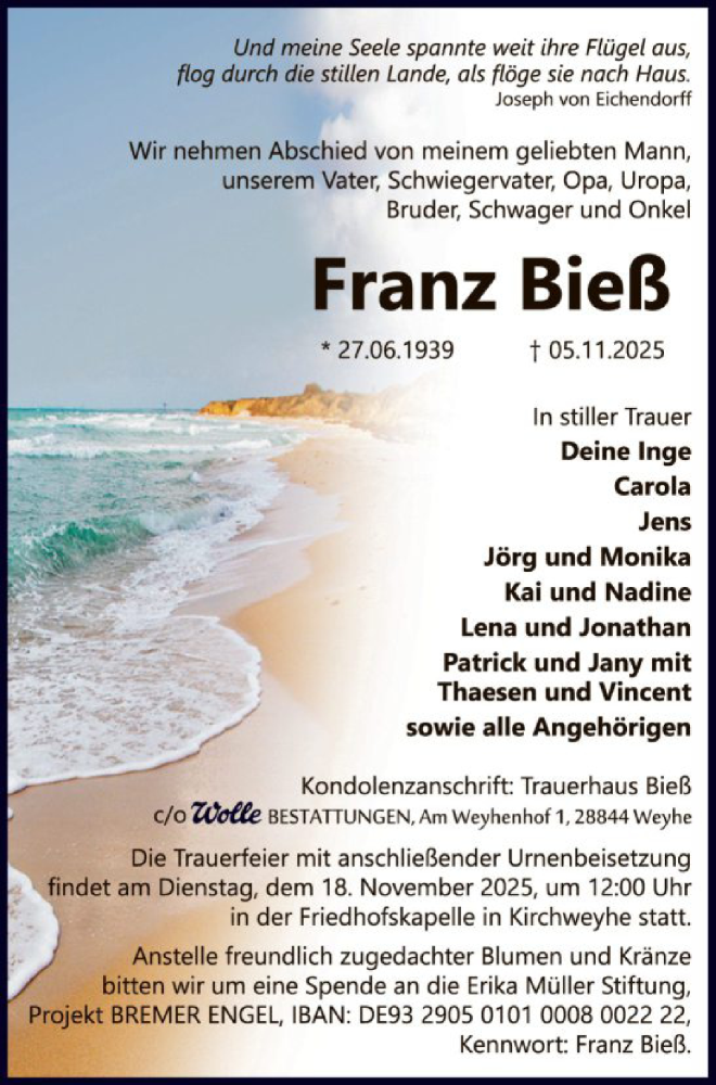  Traueranzeige für Franz Bieß vom 12.11.2025 aus SYKS