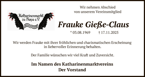 Traueranzeige von Frauke Gieße-Claus von SYKS