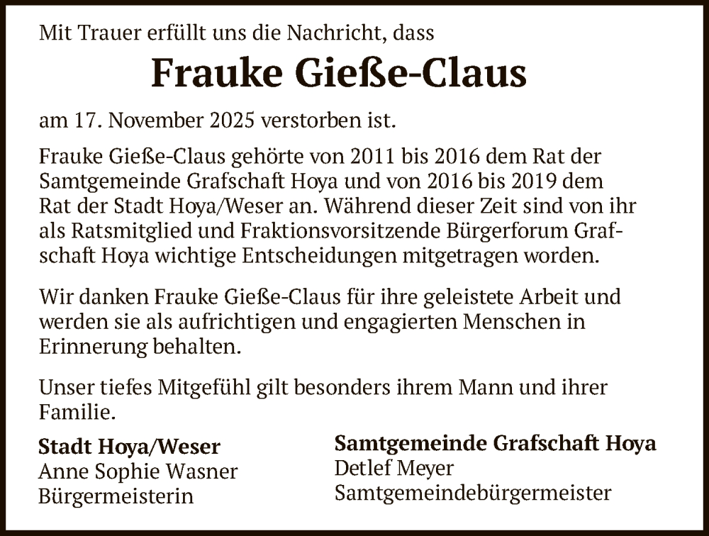  Traueranzeige für Frauke Gieße-Claus vom 26.11.2025 aus SYKS
