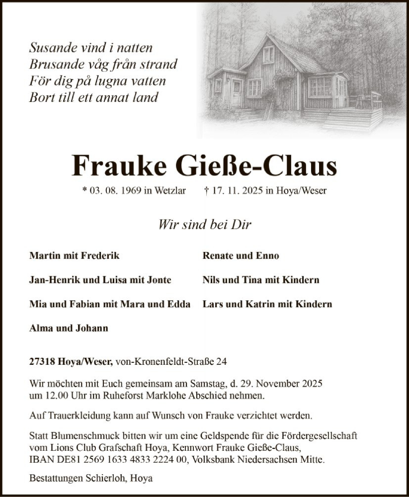  Traueranzeige für Frauke Gieße-Claus vom 22.11.2025 aus SYKSSYKS
