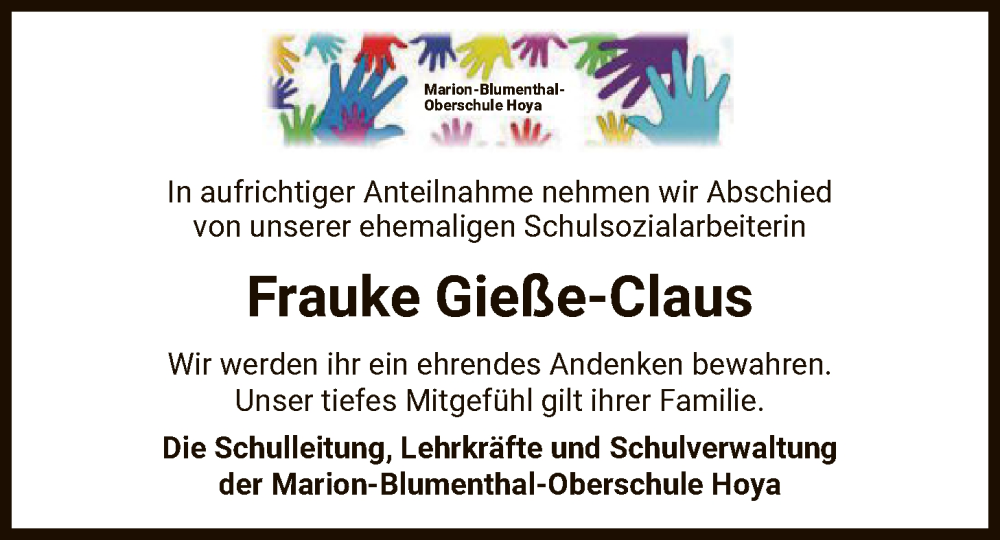  Traueranzeige für Frauke Gieße-Claus vom 22.11.2025 aus SYKS