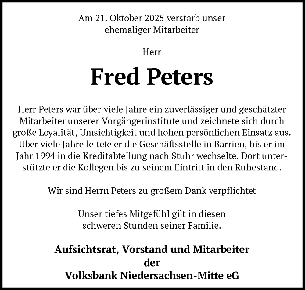  Traueranzeige für Fred Peters vom 11.11.2025 aus SYKS