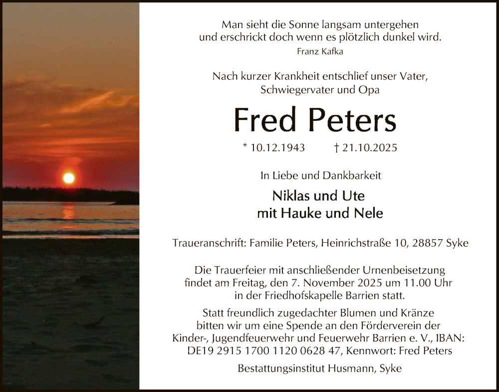  Traueranzeige für Fred Peters vom 01.11.2025 aus SYKS