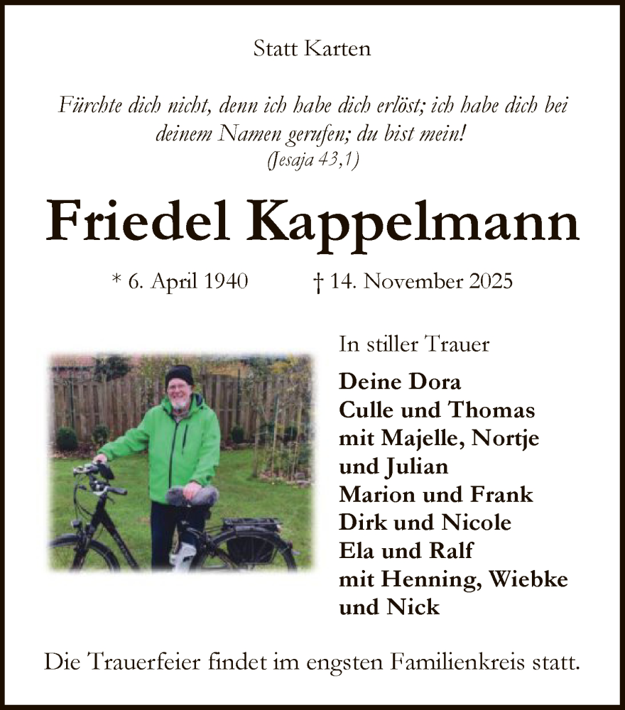  Traueranzeige für Friedel Kappelmann vom 22.11.2025 aus SYKS