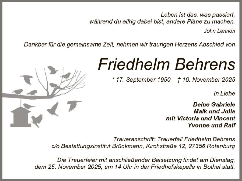  Traueranzeige für Friedhelm Behrens vom 15.11.2025 aus SYKS