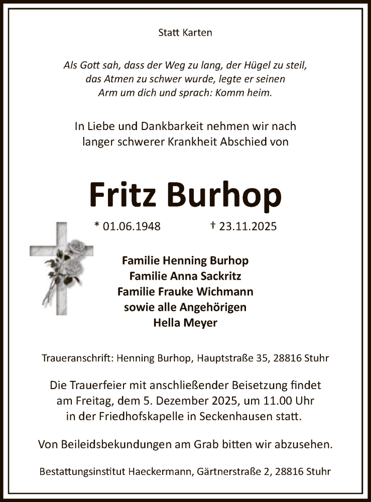  Traueranzeige für Fritz Burhop vom 29.11.2025 aus SYKS
