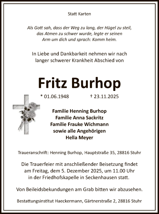 Traueranzeige von Fritz Burhop von SYKS