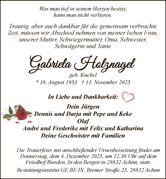 Traueranzeige von Gabriela Holznagel von SYKS