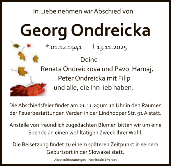 Traueranzeige von Georg Ondreicka von SYKS