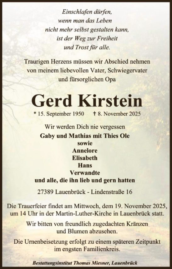 Traueranzeige von Gerd Kirstein von SYKR
