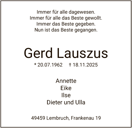 Traueranzeige von Gerd Lauszus von SYKS