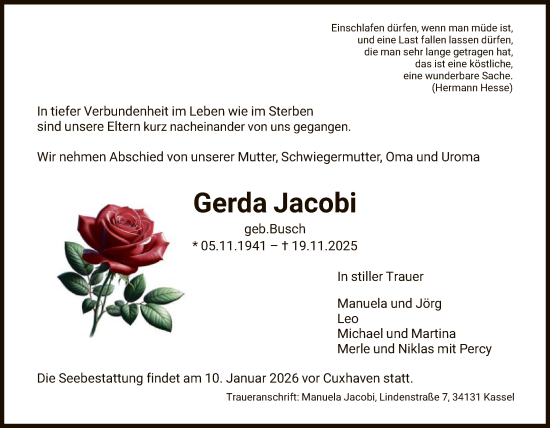 Traueranzeige von Gerda Jacobi von SYKSSYKSSYKS