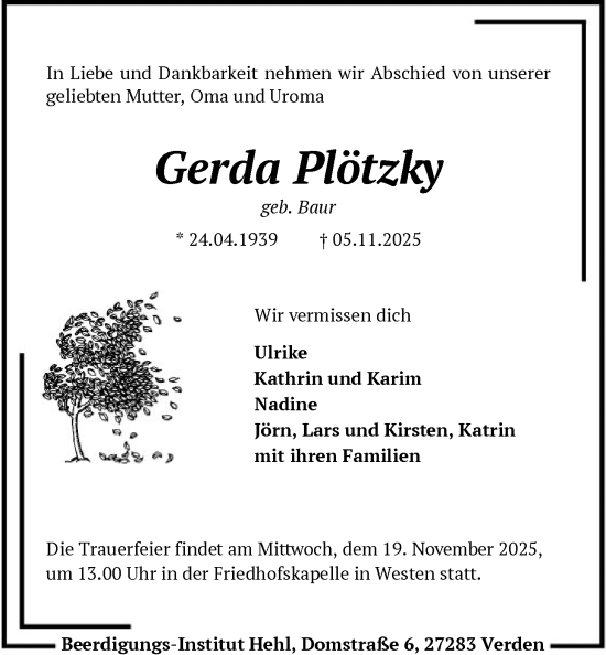 Traueranzeige von Gerda Plötzky von SYKS