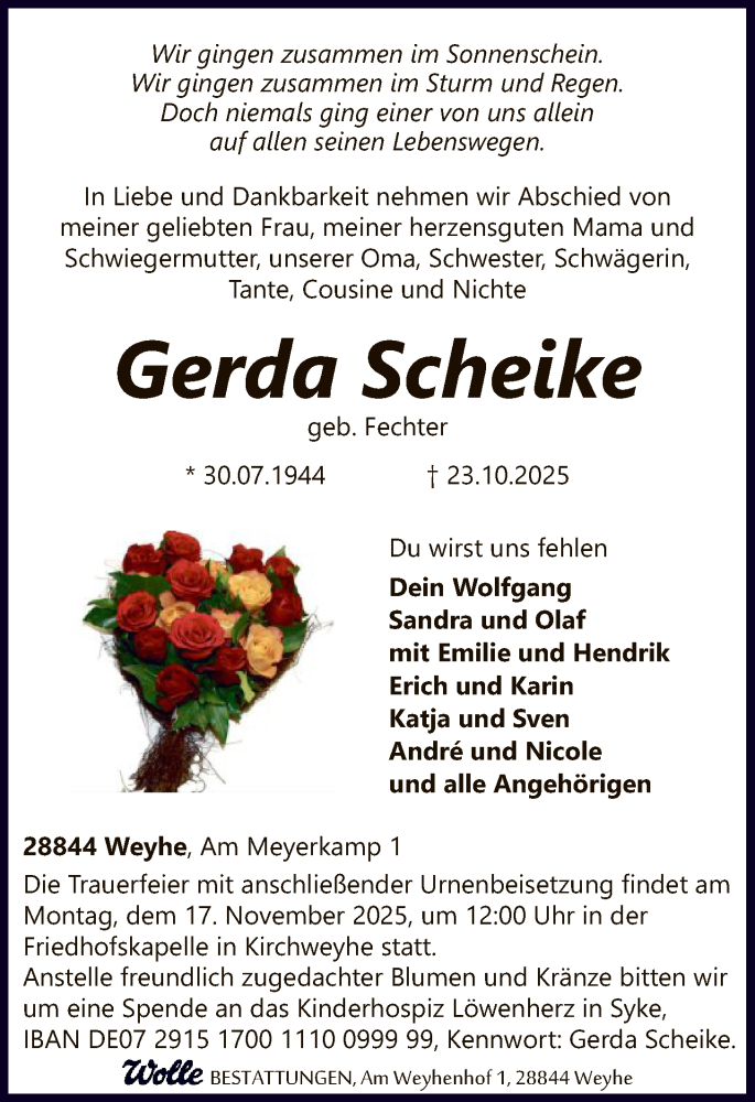  Traueranzeige für Gerda Scheike vom 01.11.2025 aus SYKS