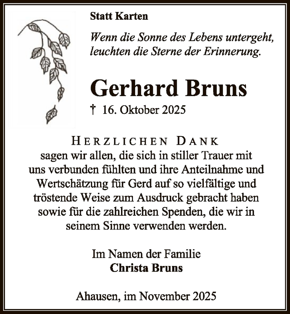  Traueranzeige für Gerhard Bruns vom 29.11.2025 aus SYKR