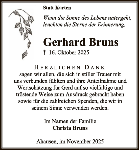 Traueranzeige von Gerhard Bruns von SYKR
