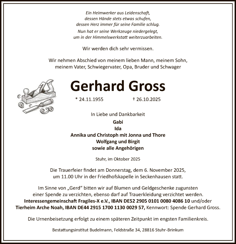 Traueranzeige für Gerhard Gross vom 01.11.2025 aus SYKS