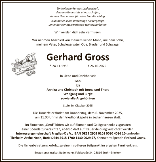 Traueranzeige von Gerhard Gross von SYKS