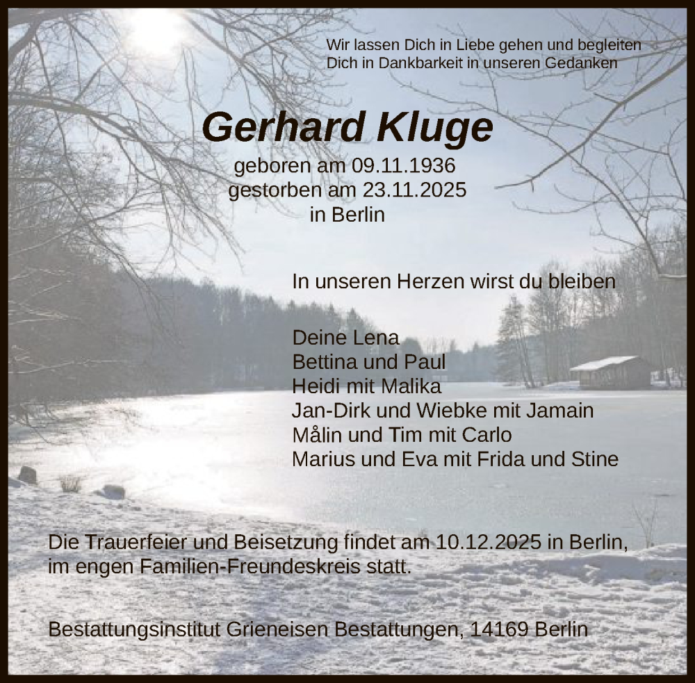  Traueranzeige für Gerhard Kluge vom 29.11.2025 aus SYKS