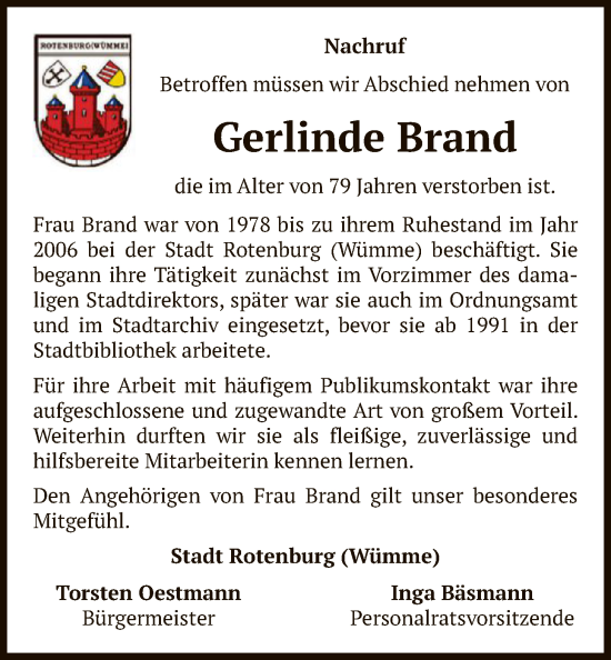 Traueranzeige von Gerlinde Brand von SYKR