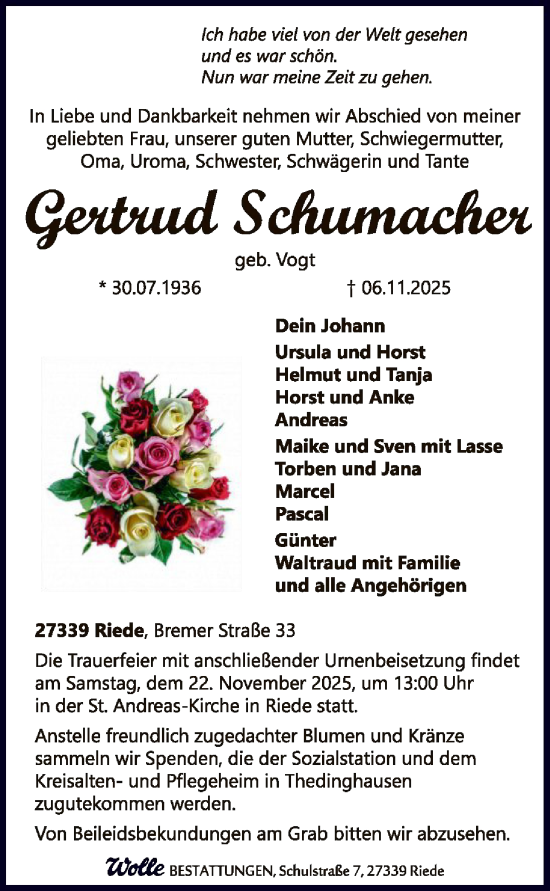 Traueranzeige von Gertrud Schumacher von SYKSSYKS