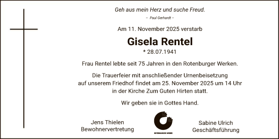 Traueranzeige von Gisela Rentel von SYKR