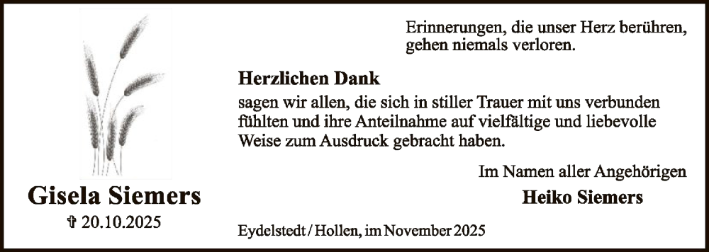  Traueranzeige für Gisela Siemers vom 29.11.2025 aus SYKS