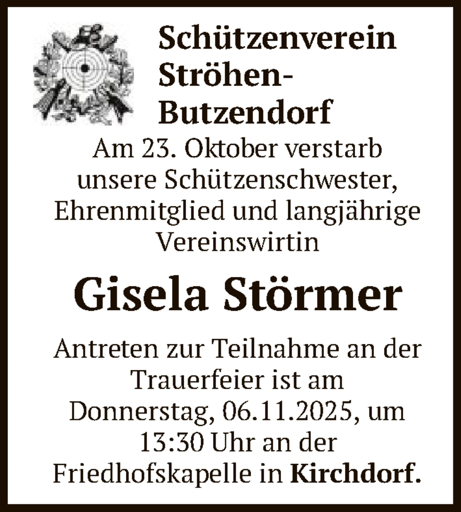 Traueranzeige für Gisela Störmer vom 01.11.2025 aus SYKS