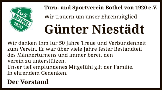 Traueranzeige von Günter Niestädt von SYKR