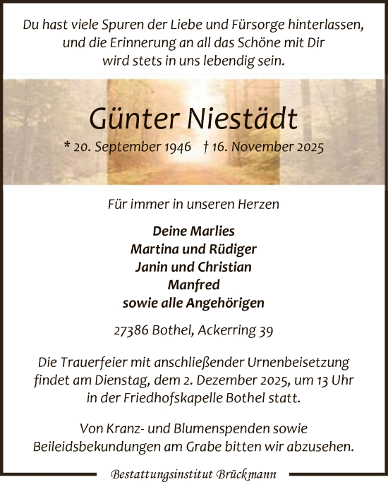 Traueranzeige von Günter Niestädt von SYKR