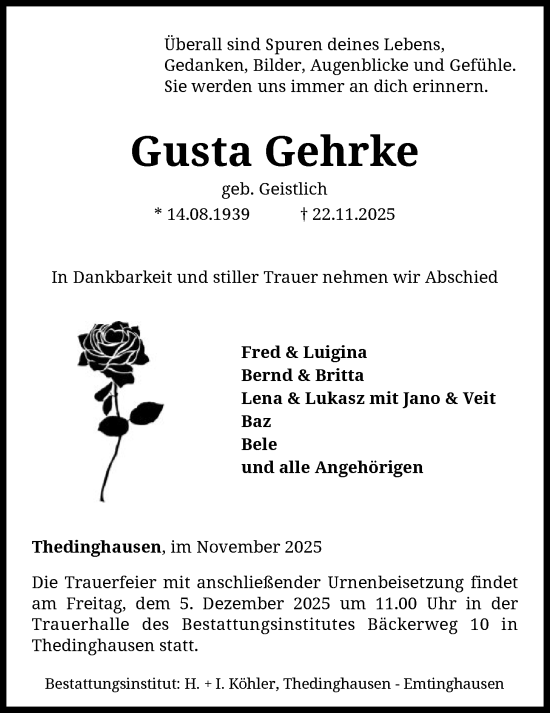 Traueranzeige von Gusta Gehrke von SYKS