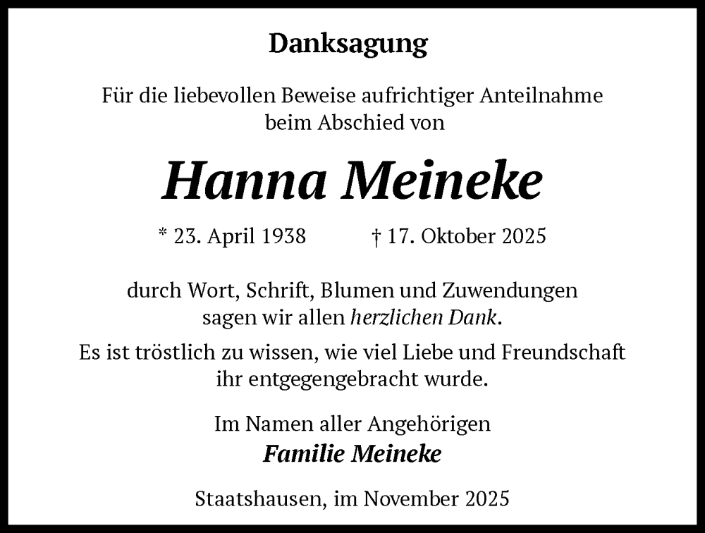  Traueranzeige für Hanna Meineke vom 29.11.2025 aus SYKSSYKS