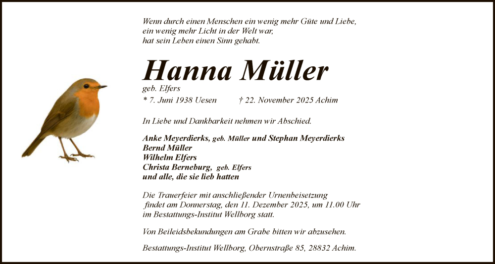  Traueranzeige für Hanna Müller vom 29.11.2025 aus SYKS