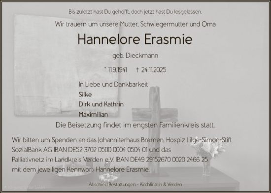 Traueranzeige von Hannelore Erasmie von SYKS
