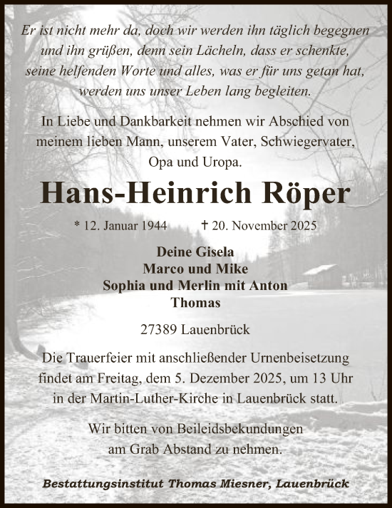 Traueranzeige von Hans-Heinrich Röper von SYKR