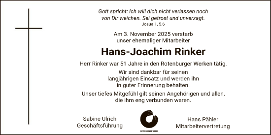 Traueranzeige von Hans-Joachim Rinker von SYKR